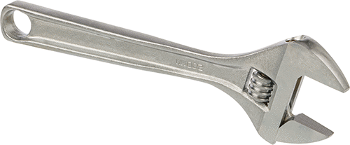 Image of Product. Front orientation. Chrome-Plated Steel Adjustable Wrench, Plain Grip, 8" Overall Length, 1-3/16" Maximum Jaw Capacity.