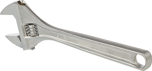 Image of Product. Back orientation. Chrome-Plated Steel Adjustable Wrench, Plain Grip, 8" Overall Length, 1-3/16" Maximum Jaw Capacity.