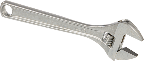 Image of Product. Front orientation. Chrome-Plated Steel Adjustable Wrench, Plain Grip, 10" Overall Length, 1-3/8" Maximum Jaw Capacity.
