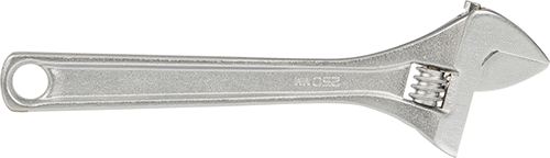 Image of Product. Side1 orientation. Chrome-Plated Steel Adjustable Wrench, Plain Grip, 10" Overall Length, 1-3/8" Maximum Jaw Capacity.