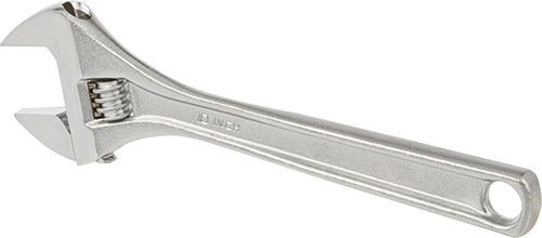 Image of Product. Back orientation. Chrome-Plated Steel Adjustable Wrench, Plain Grip, 10" Overall Length, 1-3/8" Maximum Jaw Capacity.