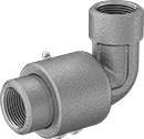 Image of Product. Female. Front orientation. Pipe and Fittings. Medium-Pressure Stainless Steel Threaded Pipe Fittings, Intermittent-Swivel 90° Elbow Connectors, Female, Threaded Fitting Connection.