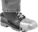 Image of ProductInUse. Front orientation. Toe and Foot Guards. Adjustable Heel Strap with Snap Hook.
