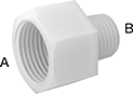 Image of Product. NPT Female × NPT Male. Front orientation. Contains Annotated. Pipe and Fittings. Flame-Retardant PVDF Pipe Fittings for Food and Beverage, Straight Reducing Adapters, Male, Female, Threaded Fitting Connection, Hex Body.