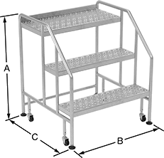 Image of Product. Front orientation. Contains Annotated. Step Stools. Rolling Clean Room Step Stools.