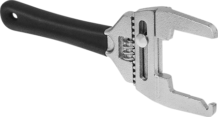 Image of Product. Front orientation. Locking Tight-Clearance Adjustable Wrench, 10-1/4" Overall Length, 1" to 3" Jaw Capacity.