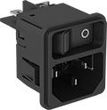 Image of Product. Front orientation. Power Connectors. IEC Connectors, Male Receptacles with On/Off Switch and Light Indicator, Snap In, Single—Unshielded.