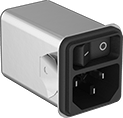 Image of Product. Front orientation. Power Connectors. EMI-Filtering IEC Connectors, Male Receptacles with On/Off Switch, Snap In, Single—Shielded.