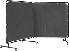 Image of Product. Two Panels with Platform
Legs and Casters
(Sold Separately). Front orientation. Protective Screens. Hinged Welding Screens, 2 Panels with Tie-On Screen.