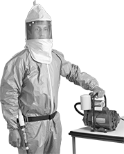 Image of ProductInUse. Front orientation. Respirators. Supplied-Air Hood Respirators for Air Pumps.