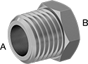 Image of Product. Male x Female. Front orientation. Contains Annotated. Pipe and Fittings. Miniature High-Pressure Brass and Bronze Threaded Pipe Fittings, Bushing Straight Reducing Adapters, Threaded Fitting Connection, Female, Male, Hex Body.