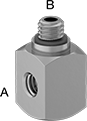 Image of Product. Female x Male. Front orientation. Contains Annotated. Pipe and Fittings. Miniature High-Pressure Brass and Bronze Threaded Pipe Fittings, 90° Elbow Adapters with Gasket, Male, Female, Threaded Fitting Connection, Square Body.