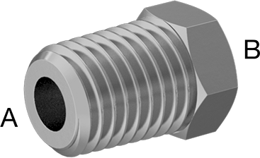 Image of Product. Front orientation. Contains Annotated. Brass Bushing Adapter, 1/16 NPT Male, 10-32 Female.