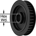 Image of Product. Front orientation. Contains Annotated. Timing Belt Drive Pulleys. High-Torque HTD Timing Belt Pulleys for Hex Shafts.