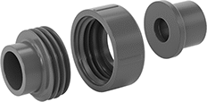 Image of Product. Back orientation. Exploded view. Pipe and Fittings. Thick-Wall Plastic Pipe Fittings for Water, Union Straight Adapters, Cement Socket Female × Cement Socket Female.