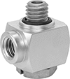 Image of Product. Female × Male. Front orientation. Pipe and Fittings. Miniature Low-Pressure Brass and Bronze Threaded Pipe Fittings, 90° Elbow Adapters, Male, Female, Threaded Fitting Connection, Square Body.