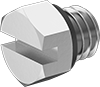 Image of Product. Male. Front orientation. Pipe and Fittings. Miniature Low-Pressure Brass and Bronze Threaded Pipe Fittings, Slotted External-Hex-Drive Plugs with Gasket, Male, Threaded Fitting Connection, Hex Body.