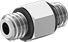 Image of Product. Male. Front orientation. Pipe and Fittings. Miniature Low-Pressure Brass and Bronze Threaded Pipe Fittings, Straight Connectors with Gasket, Male, Threaded Fitting Connection, Hex Body.