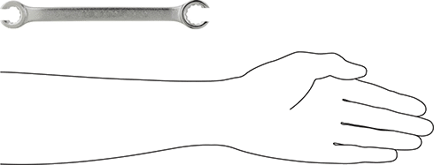 Image of Product. Side1 orientation. Contains SizingReference. Sure-Grip Open-End Wrench, 12-Point Openings, 15 mm x 17 mm Size, 8" Overall Length.