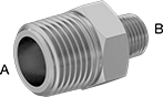 Image of Product. Male x Male. Front orientation. Contains Annotated. Pipe and Fittings. High-Pressure Brass and Bronze Threaded Pipe Fittings, Straight Reducers, Threaded Fitting Connection, Male, Hex Body.