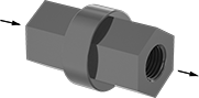 Image of Product. Connector, Female Inlet × Female Outlet. Front orientation. Contains Annotated. Black. Plastic Threaded Check Valves for Oil and Fuel, Glass-Filled Polypropylene Body, Connector Fitting.