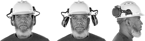 Image of ProductInUse. Positioning Options 
(Hard Hat Sold Separately). Front orientation. Earmuffs. Hard-Hat Mount Earmuffs.