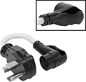 Image of Product. 90° Elbow End Plug × 90° Elbow End Socket with Handle. Front orientation. Contains Inset. Electrical Cord Adapters. 90° Elbow End, 1 Outlet.