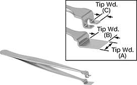Image of Product. Front orientation. Contains Annotated, Inset. Tweezers. Tweezers, Standard Paddle/Pronged Tips.