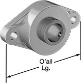 Image of Product. Front orientation. Contains Annotated. Mounted Bearings. Food-and-Beverage Permanently Lubricated Mounted Ball Bearings with Two-Bolt Flange.