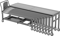Image of Product. Fully Retracted. Front orientation. Conveyors. Telescoping Mobile Skate Wheel Conveyors.