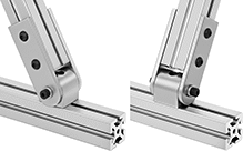 Image of ProductInUse. Inline/Perpendicular. Front orientation. Contains MultipleImages. T-Slotted Framing and Fittings. T-Slotted Framing Brackets, Pivoting Brackets for Single Rails , Inline/Perpendicular, Straight Arms.
