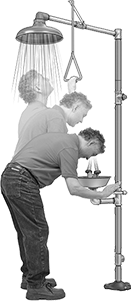 Image of ProductInUse. Front orientation. Shower Stations. Shower Stations with Eye Wash, Open Bowl.