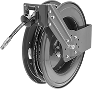 Image of Product. 6" Lg. × 6" Wd. Mounting Base. Front orientation. Hose Reels. Reels with Hydraulic Hose, Buna-N Hose, 6" Long Mounting Base.