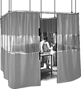 Image of ProductInUse. Front orientation. Curtain Partitions. Build-Your-Own Suspended Welding Curtain Partitions.