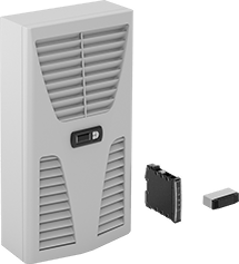 Image of Product. Shown with Controller and Adapter. Front orientation. Air Conditioners. Remote Control Wall-Mount Enclosure-Cooling Air Conditioners.