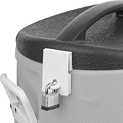 Image of ProductInUse. Padlock Sold Separately. Front orientation. Beverage Dispenser Locks.