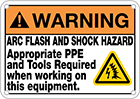 Image of Product. Front orientation. Signs. Illustrated Electrical Hazard Signs, Warning—Arc Flash and Shock Hazard Appropriate PPE and Tools Required When Working on This Equipment (English)—Orange Header.