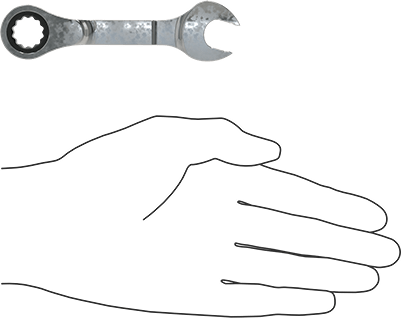 Image of Product. Side1 orientation. Contains SizingReference. Stubby Ratcheting Combination Wrench, 13 mm Size, 4-3/8" Overall Length.