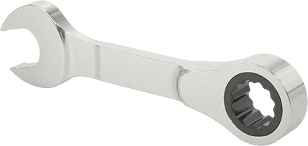 Image of Product. Back orientation. Stubby Ratcheting Combination Wrench, 13 mm Size, 4-3/8" Overall Length.