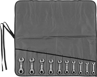 Image of Product. Front orientation. Combination Wrenches. Stubby Ratcheting Combination Wrench Sets, Fabric Roll-Up Pouch.