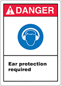 Image of Product. Front orientation. Signs. Illustrated Personal Protective Equipment Signs, Danger—Ear Protection Required with Hearing Protection Required Symbol (English).