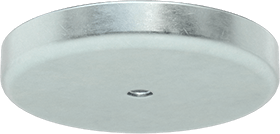 Image of Product. Bottom orientation. Encased Ceramic Magnet with Unthreaded Hole, Zinc-Plated Steel Case, 5/16" Thick, 2-1/32" OD.