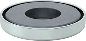Image of Product. Bottom orientation. Encased Ceramic Magnet with Unthreaded Hole, Zinc-Plated Steel Case, 5/16" Thick, 2-1/32" OD.