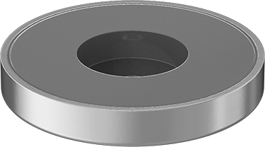 Image of Product. Front orientation. Encased Ceramic Magnet with Unthreaded Hole, Zinc-Plated Steel Case, 5/16" Thick, 2-1/32" OD.