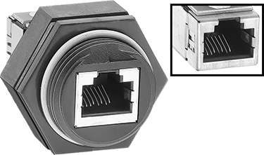 Image of Product. Front orientation. Contains Inset, MultipleImages. Wet-Location Data Cord, Screw-Together RJ45 Female � RJ45 Female Adapter.