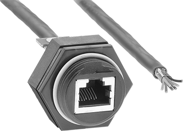 Image of Product. Front orientation. Wet-Location Data Cord, Screw-Together RJ45 Socket with Wire Leads.