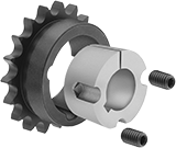 Image of ProductInUse. Sprocket Shown with Bushing (Sold Separately). Front orientation. Drive Sprockets. Taper-Lock Bushing-Bore Sprockets.