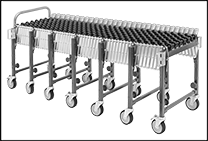 Image of Product. Shown Retracted. Front orientation. Contains Border. Conveyors. Flexible Skate Wheel Conveyors with Side Rails.