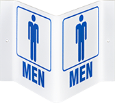 Image of Product. Front orientation. Signs. Flange-Mount Restroom Signs, Three-Way View, Men with Men Symbol (English).