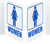 Image of Product. Front orientation. Signs. Flange-Mount Restroom Signs, Three-Way View, Women with Women Symbol (English).